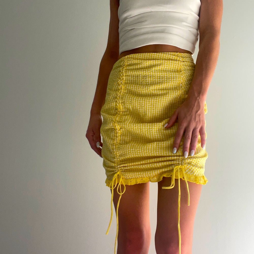 Strangers & lovers midi adjustable linen yellow gingham skirt